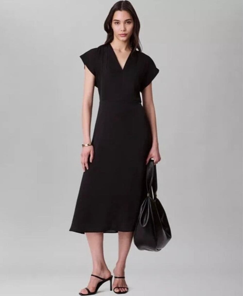 Calvin Klein Satin V Neck Midi Black Dress Size 2